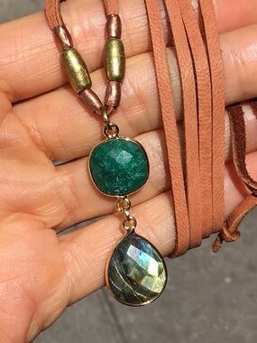 Natural Labradorite Emerald leather cord Sundance Charm Necklace SALE